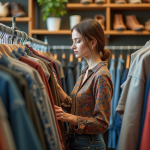 Femme examinant une veste colorée dans une friperie animée