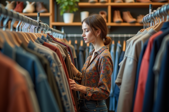 Femme examinant une veste colorée dans une friperie animée