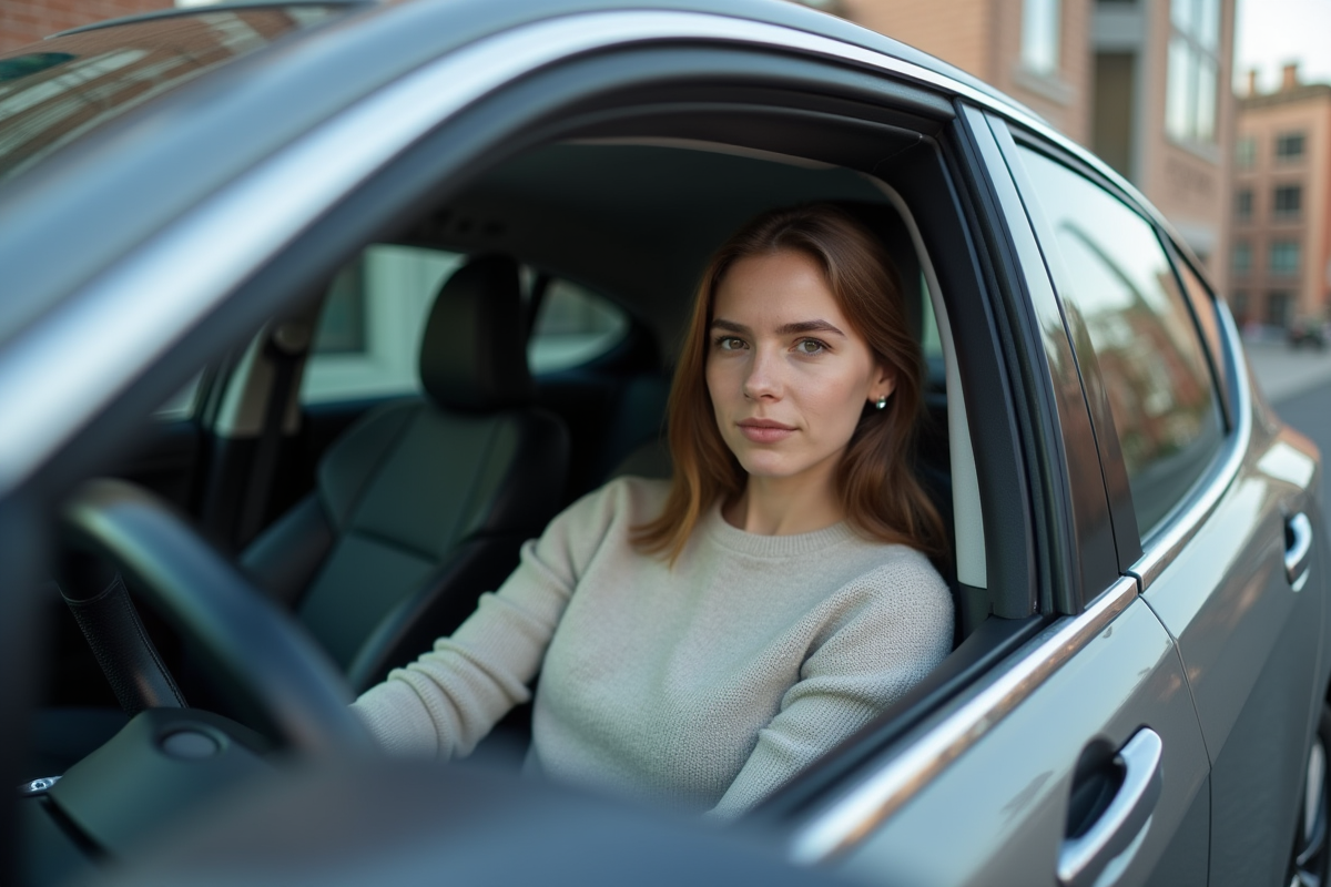 Jeune femme dans sa voiture hybride à une station de charge urbaine