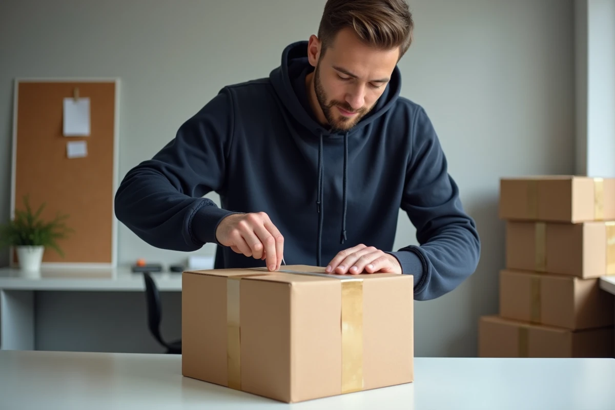 Homme scellant un colis carton avec du scotch d'emballage avant expédition sur Vinted