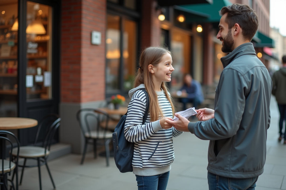Fille de 12 ans donnant un flyer devant une boulangerie urbaine