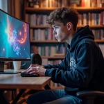 Jeune homme gamer en hoodie dofus en pleine concentration