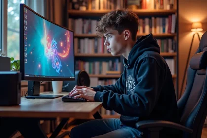 Jeune homme gamer en hoodie dofus en pleine concentration