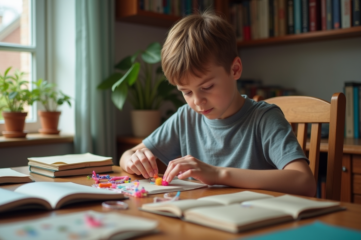 Garçon de 12 ans emballant des bracelets d'amitié faits main