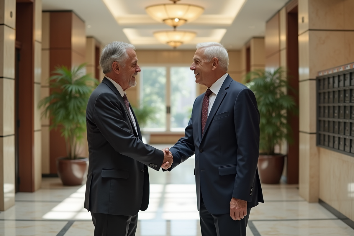 Homme gestionnaire saluant un résident dans le hall d