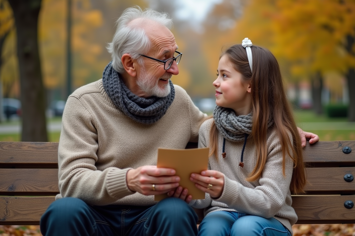 Grand-père et petite-fille dans un parc automnal