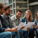 Groupe d'acteurs jeunes en répétition sur un plateau de tournage