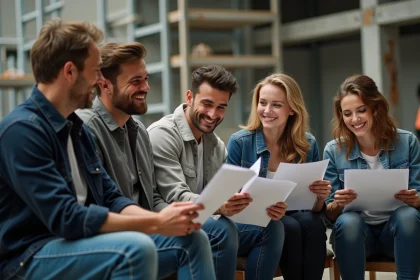 Groupe d'acteurs jeunes en répétition sur un plateau de tournage