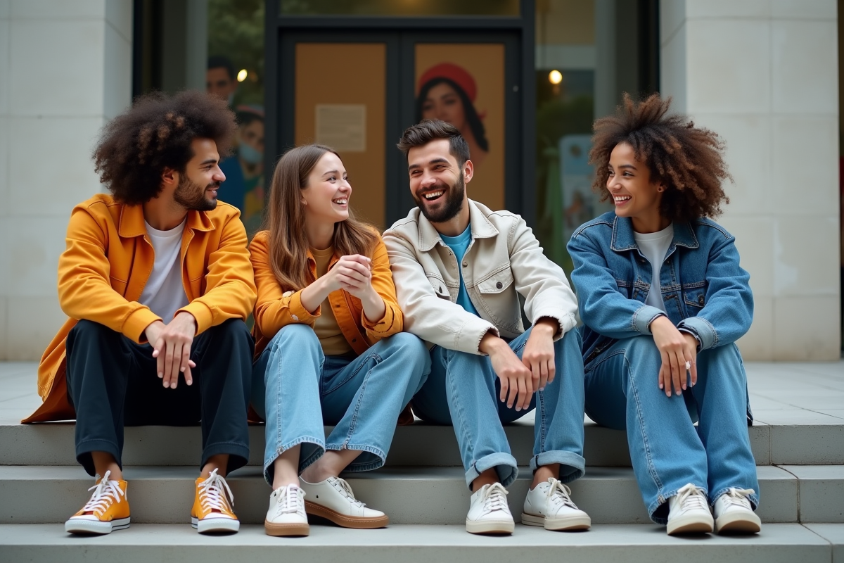 Groupe d amis dans un musée d art urbain à Paris