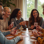 Groupe d'amis riant autour d'un jeu de cartes à la maison