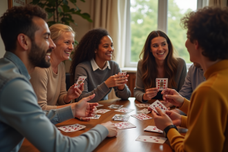 Groupe d'amis riant autour d'un jeu de cartes à la maison