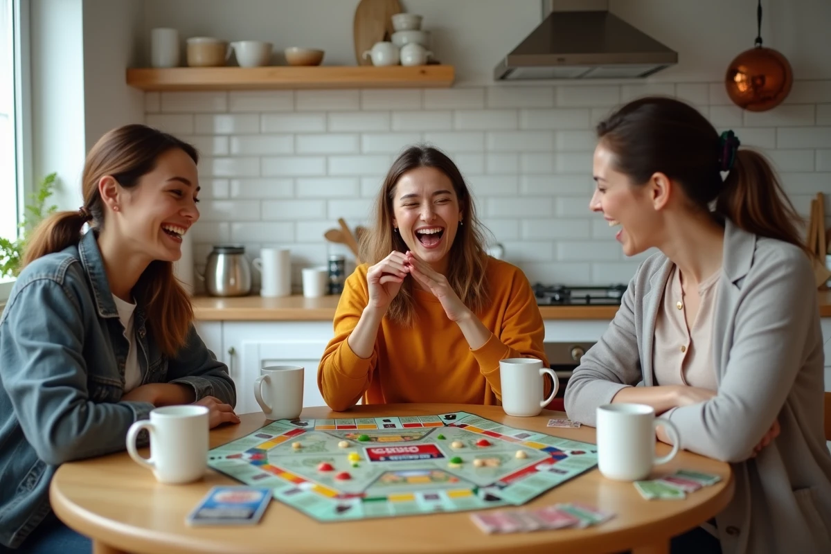 Groupe d'amis jouant ensemble à Monopoly gratuitement autour d'une table de cuisine, partageant un moment de jeu convivial