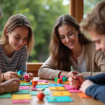 Groupe d'amis résolvant des puzzles colorés en plein jour