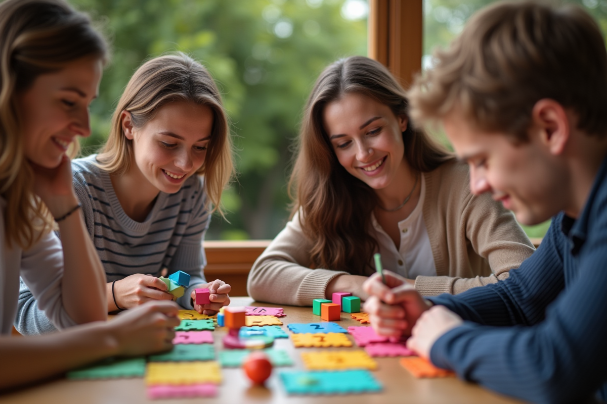Groupe d'amis résolvant des puzzles colorés en plein jour