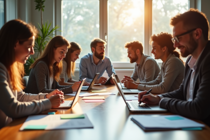 Groupe d'adultes autour d'une table avec livres et tablettes