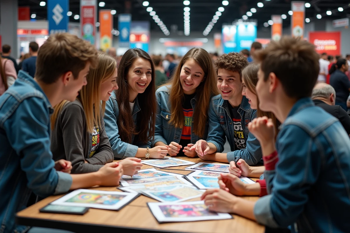 Groupe de jeunes discutant fan arts lors d une convention jeux