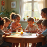 Enfants et professeur en atelier créatif dans une classe lumineuse