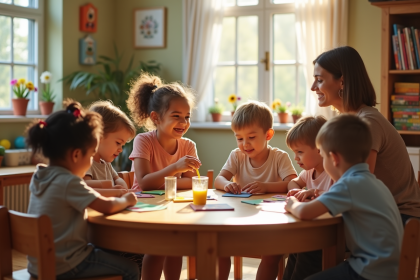 Enfants et professeur en atelier créatif dans une classe lumineuse
