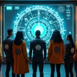 Groupe d'adultes dans un centre de commandement futuriste