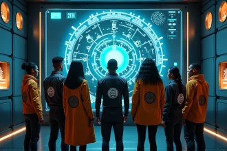 Groupe d'adultes dans un centre de commandement futuriste