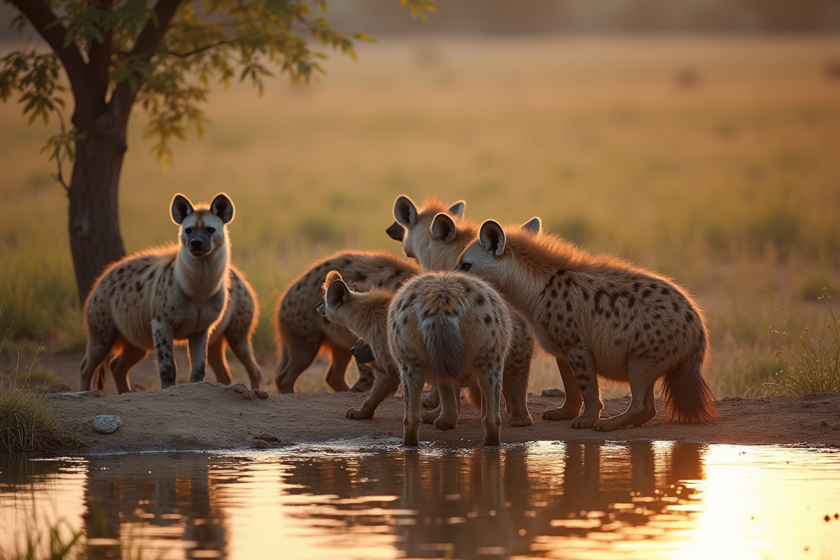 Groupe de hyenes autour d’un point d’eau en Afrique