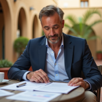 Homme d'affaires méditerranéen en extérieur avec documents