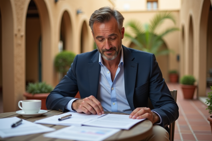 Homme d'affaires méditerranéen en extérieur avec documents