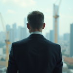 Homme d'affaires en costume regardant la ville depuis une fenêtre