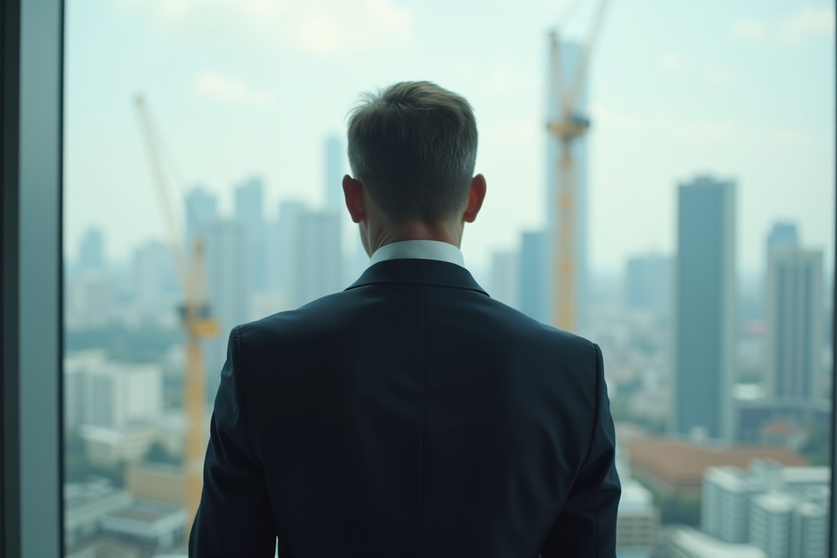 Homme d'affaires en costume regardant la ville depuis une fenêtre