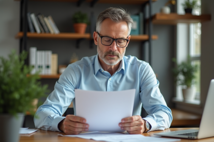 Homme d affaires suisse concentré sur ses documents fiscaux