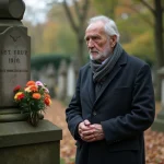 Homme âgé en contemplation devant une tombe
