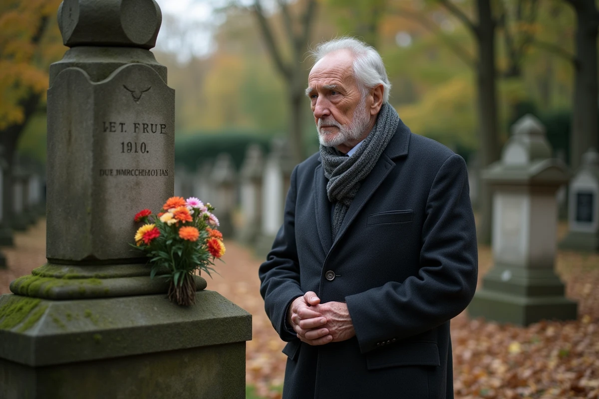 Homme âgé en contemplation devant une tombe