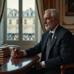 Homme âgé en costume à Paris regardant par la fenêtre