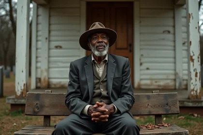 Homme âgé chantant devant une vieille église rurale
