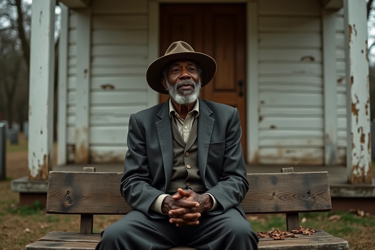 Homme âgé chantant devant une vieille église rurale