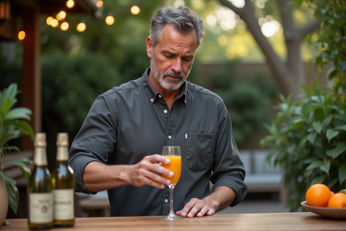 Homme ajoute du jus d orange à un verre de prosecco en extérieur