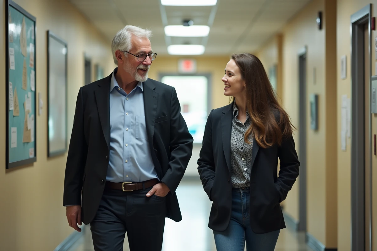 Homme senior souriant avec collègue dans un hall municipal