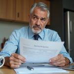 Homme d'affaires examine un document de prêt immobilier à la maison