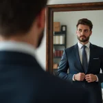 Homme en costume bleu ajusté dans un intérieur moderne