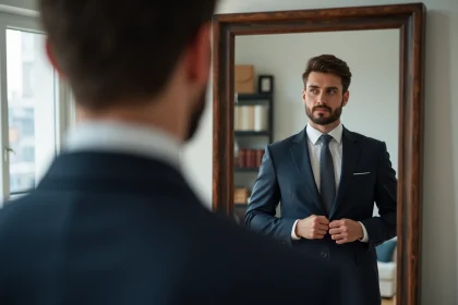 Homme en costume bleu ajusté dans un intérieur moderne