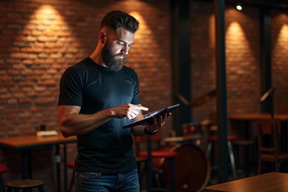 Homme pointant un decibel sur une tablette dans un bar