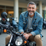 Homme souriant avec moto rétro en concession