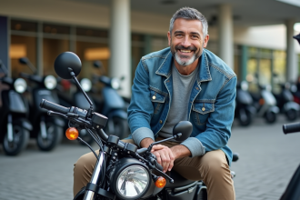 Homme souriant avec moto rétro en concession