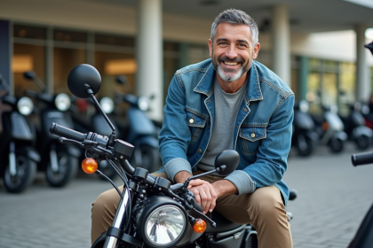 Homme souriant avec moto rétro en concession