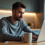 Homme concentré utilisant son ordinateur pour envoyer des cryptomonnaies
