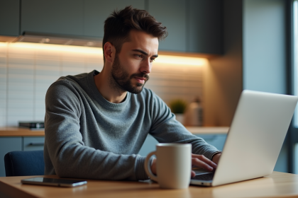 Homme concentré utilisant son ordinateur pour envoyer des cryptomonnaies