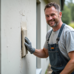 Ouvrier en overalls lissant un enduit sur une façade moderne