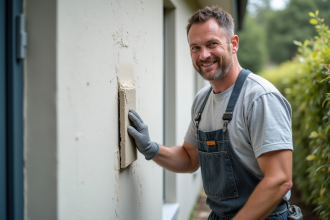 Ouvrier en overalls lissant un enduit sur une façade moderne