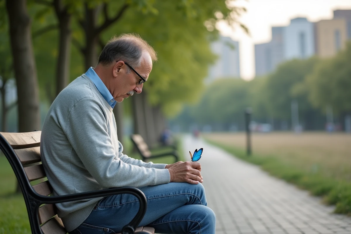 Homme assis sur un banc avec papillon sur le genou
