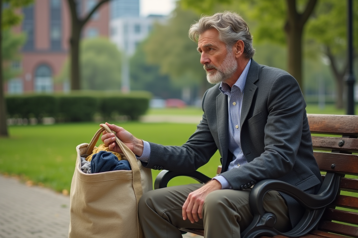 Homme assis dans un parc avec un sac de vêtements d